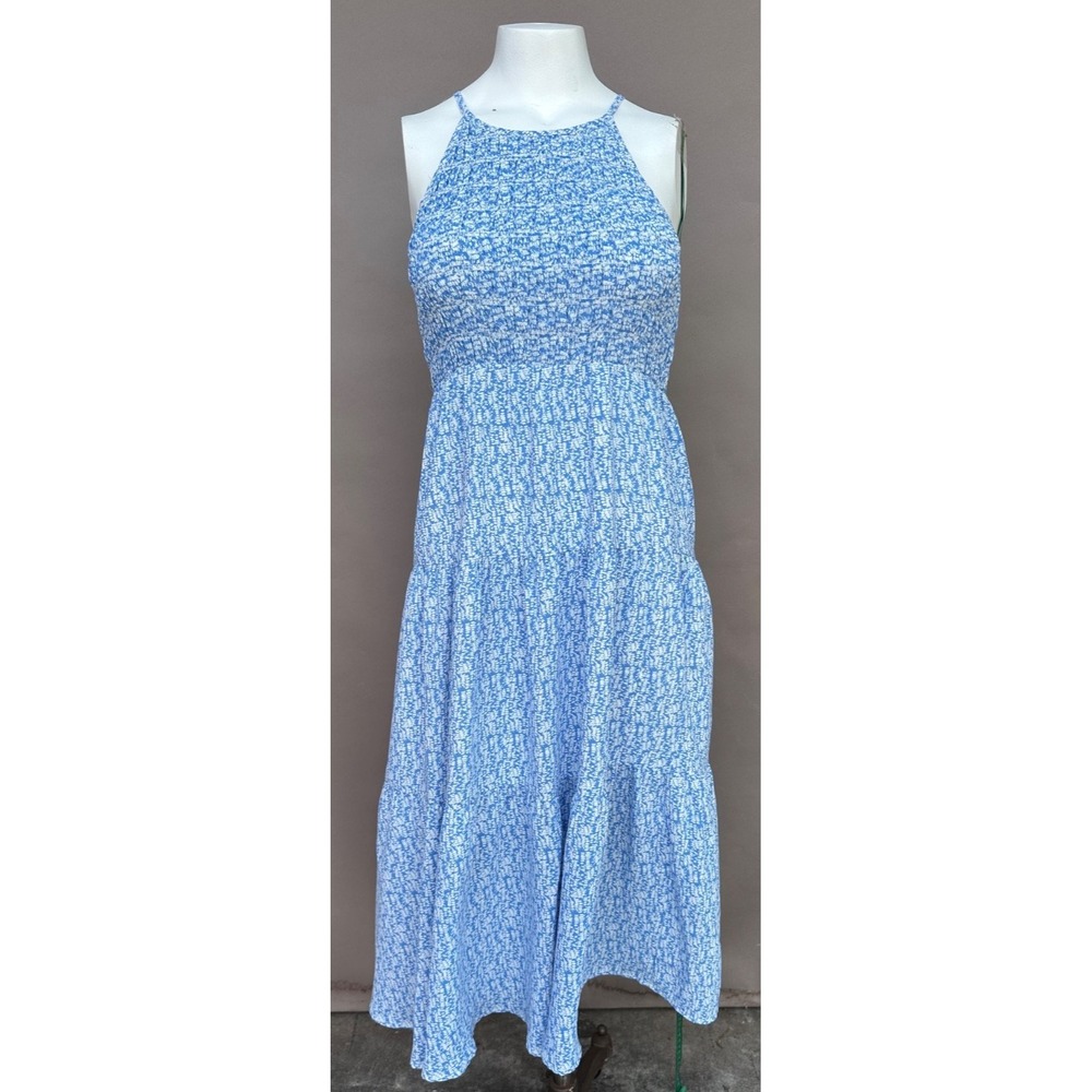 THML Womens Midi Dress Smocked Blue White Floral Strapy Sleeve S Tiered Coastal
